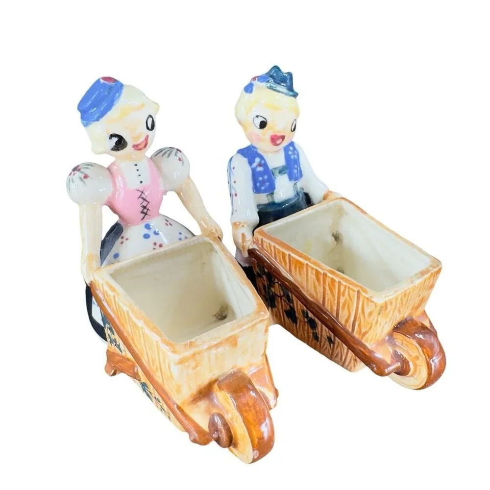 Vintage Pioneer MDSE Co Hand Painted Wheel Barrel Planter‎ Set 2 Man Woman Japan